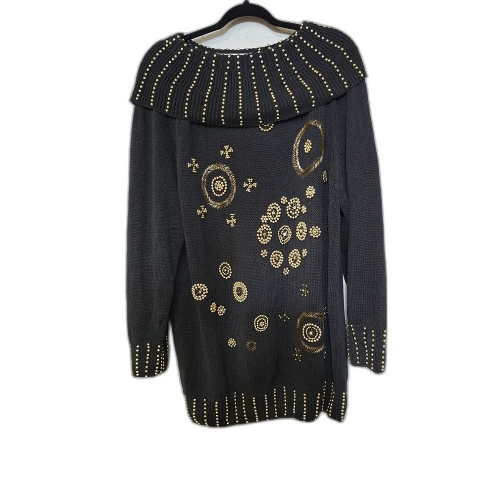 Vintage Viki cowl neck unique embellished black knit Gold Beaded sweater dress L